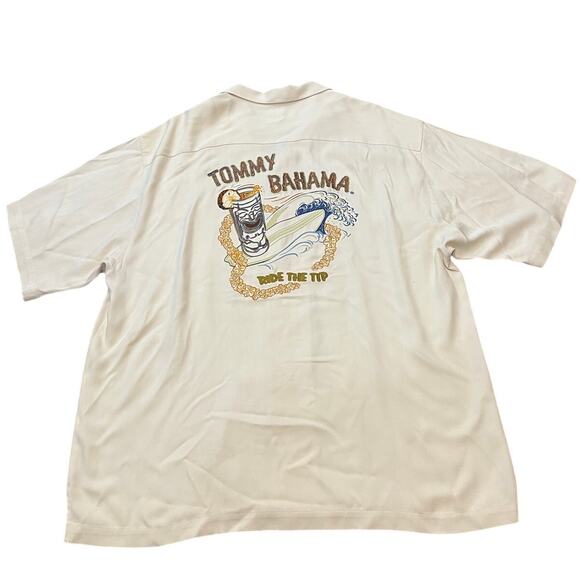 Tommy Bahama Vintage Mens Beige Silk Embroidered Button Up Tiki Shirt XL Surf‎